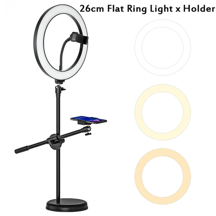 Dimmable LED Selfie Ring Light Tabletop Stand Tripods Mobile Phone Holder Overhead Shot Bracket for Youtube VK Video VK Lamp