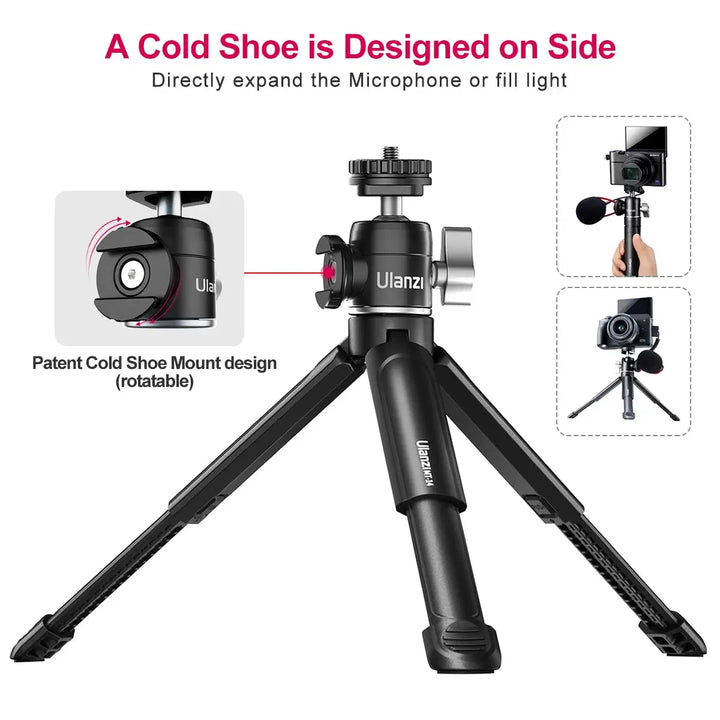 MT-14 Aluminum Alloy Tripod 2KG Load with 360° Ballhead 1/4 Screw Light Portable Vlog Kit Light Desktop Tripods for Phone