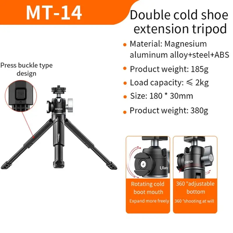 MT-14 Aluminum Alloy Tripod 2KG Load with 360° Ballhead 1/4 Screw Light Portable Vlog Kit Light Desktop Tripods for Phone