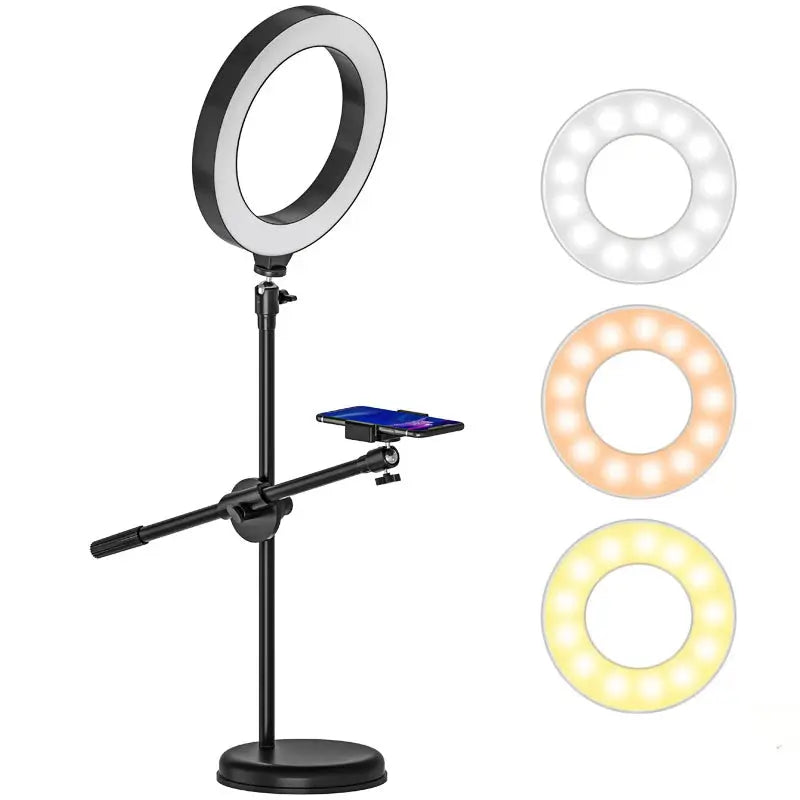 Dimmable LED Selfie Ring Light Tabletop Stand Tripods Mobile Phone Holder Overhead Shot Bracket for Youtube VK Video VK Lamp