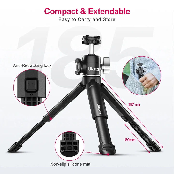 MT-14 Aluminum Alloy Tripod 2KG Load with 360° Ballhead 1/4 Screw Light Portable Vlog Kit Light Desktop Tripods for Phone