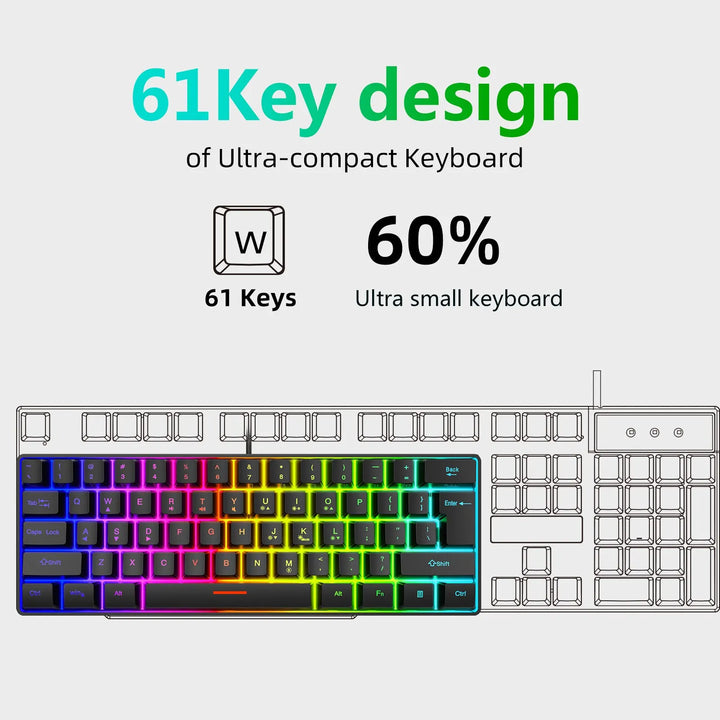 Wired Gaming Keyboard Computer Keyboards 61 Keys Backlit Ergonomic USB for PC Laptop Removable Cable Office Accessories