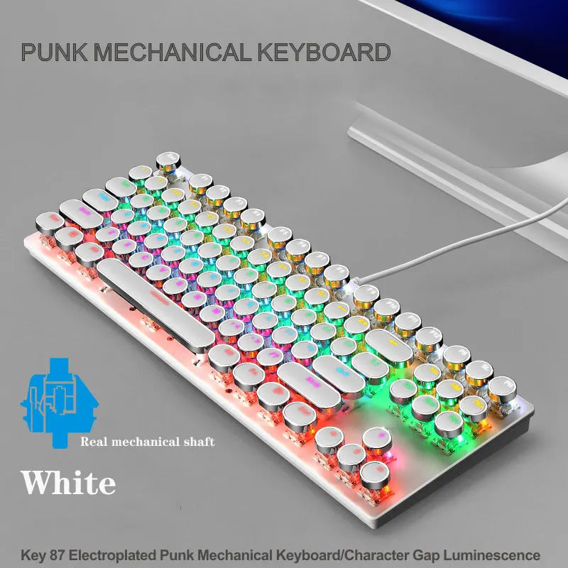 Electroplating Punk Mechanical Keyboard 87 Keys Blue Switch Gaming Keyboards 7-Color Backlight Wired Keyboard for Laptop Desktop