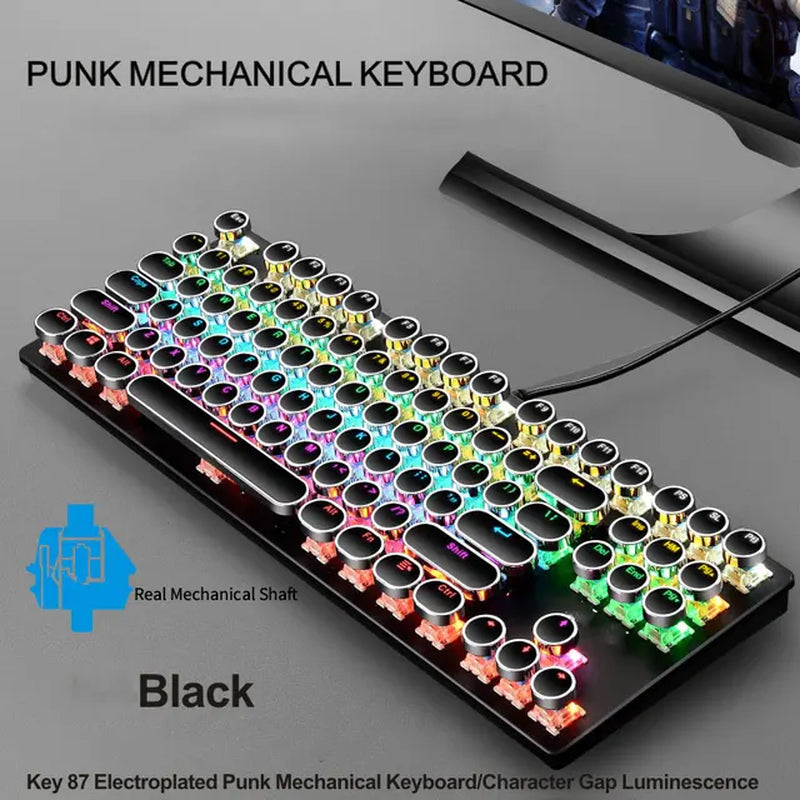 Electroplating Punk Mechanical Keyboard 87 Keys Blue Switch Gaming Keyboards 7-Color Backlight Wired Keyboard for Laptop Desktop