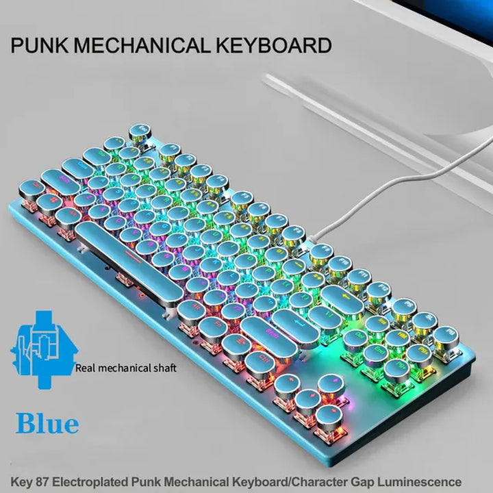 Electroplating Punk Mechanical Keyboard 87 Keys Blue Switch Gaming Keyboards 7-Color Backlight Wired Keyboard for Laptop Desktop