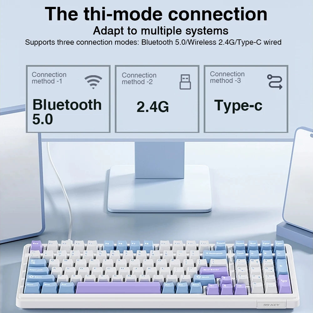 F99 Machanical Keyboard Bluetooth 5.0/2.4G Wireless/Wired Gasket-Mounted Gaming Keyboard 99 Keys Customizable Keyboards