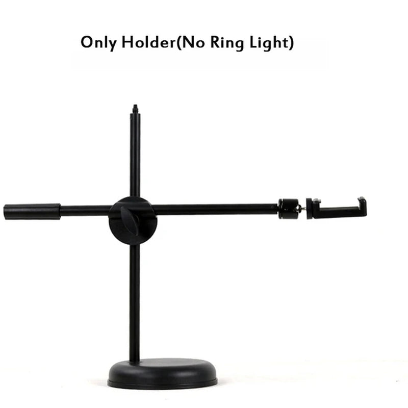 Dimmable LED Selfie Ring Light Tabletop Stand Tripods Mobile Phone Holder Overhead Shot Bracket for Youtube VK Video VK Lamp